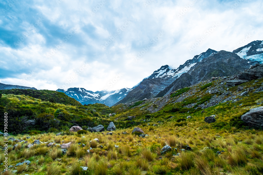 Beautiful scene of Mt Cook and environment while trek on Hook Valley Track. New Zealand.