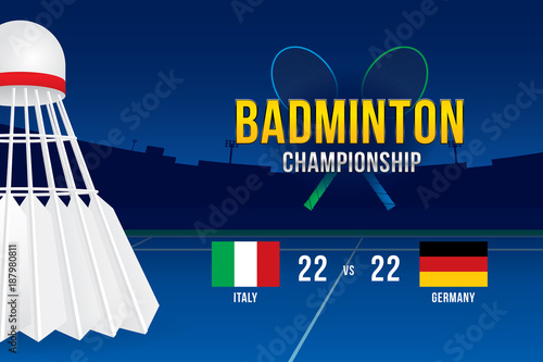 Badminton tournament design with players and scoreboard.