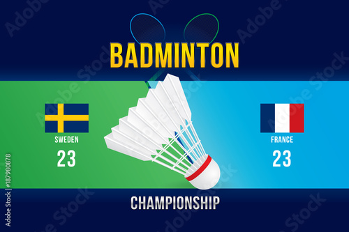 Badminton tournament design with players and scoreboard.