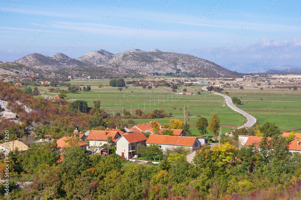 Landscape with mountain village of Grab and road to city of Trebinje. Bosnia and Herzegovina