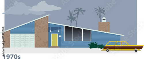 Exterior of 1970s modern suburban home with a station wagon in front of it, EPS 8 vector illustration
