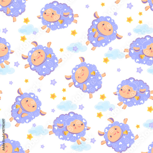 Seamless pattern of counting cute sheep to fall asleep. Cartoon happy jumping sheep with stars and clouds for baby clothing. Vector background digital paper for print
