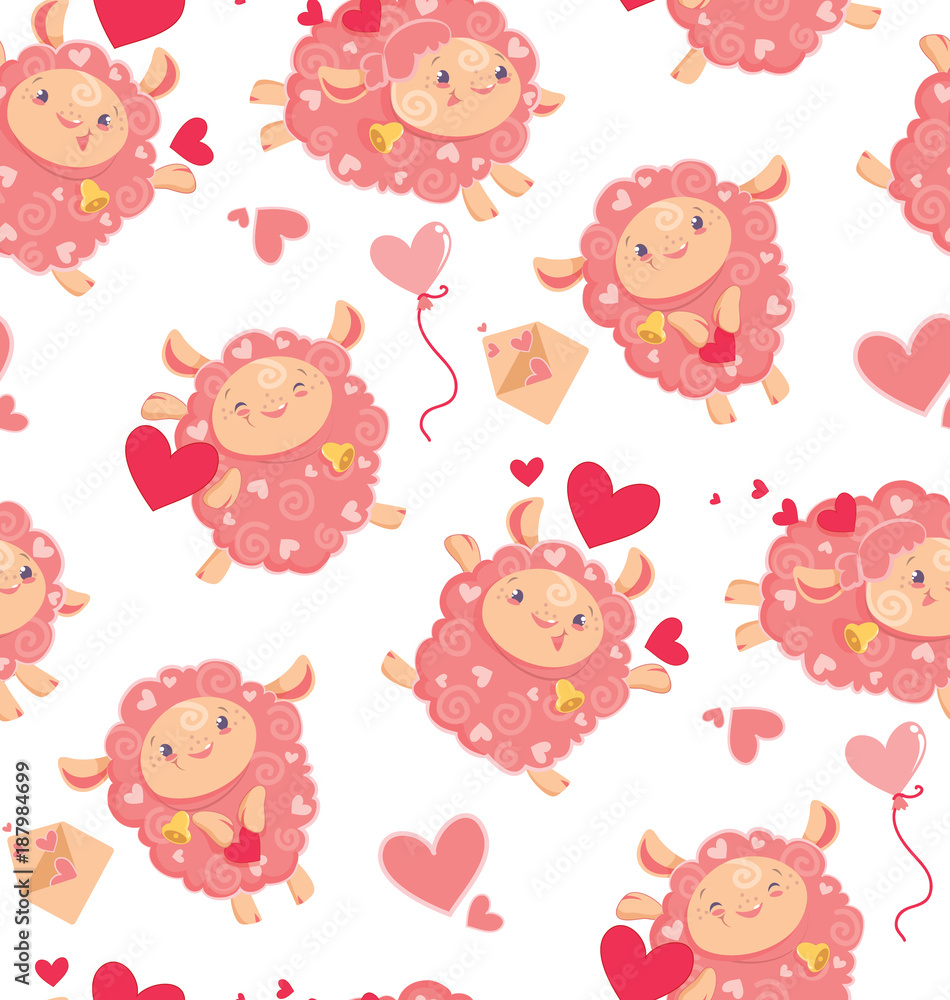 Seamless pattern of loving cute sheep for a Valentines day. Cartoon happy jumping sheep with hearts and love letters and baloons for holiday package paper. Vector background digital paper for print