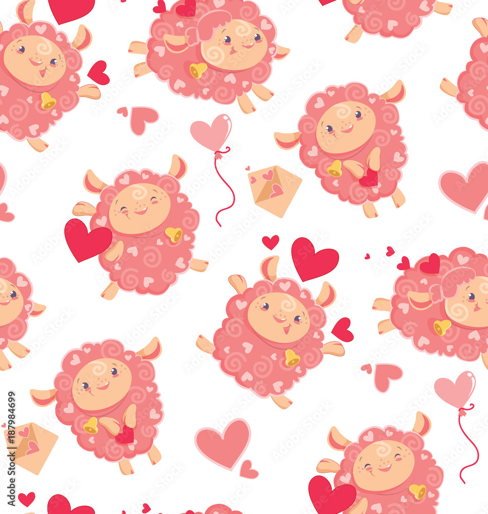 Seamless pattern of loving cute sheep for a Valentines day. Cartoon happy jumping sheep with hearts and love letters and baloons for holiday package paper. Vector background digital paper for print Seamless pattern of loving cute sheep for a Valentines day. Cartoon happy jumping sheep with hearts and love letters and baloons for holiday package paper. Vector background digital paper for print
