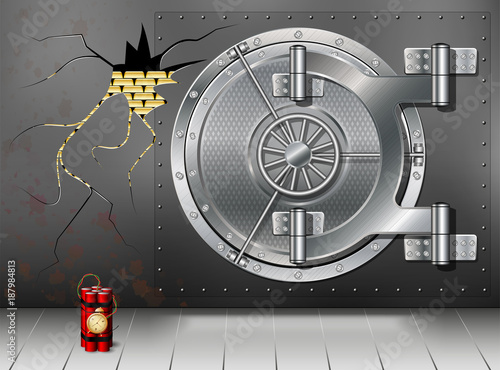 A huge metal round safe door. Reliable saving of secrets and passwords. Blown up or destroyed protection. Copy space.