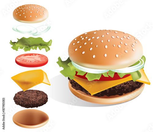 фотографія Hamburger and it's parts vector illustration with white background - sesame bun,