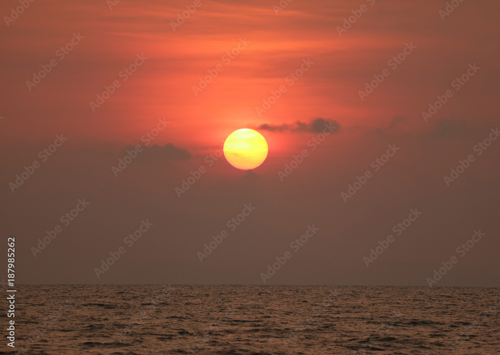 Impressive Golden Sun on Red Color Gradation Sky over Gulf of Thailand 