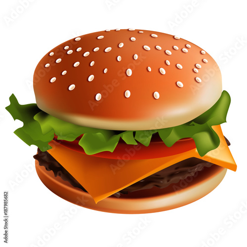 Hamburger vector illustration with white background - sesame bun, beef steak, cheese, tomato, onion, salad with special sauce