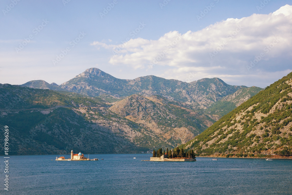 View of Bay of Kotor and two small islands of Our Lady of the Rocks and St. George. Montenegro