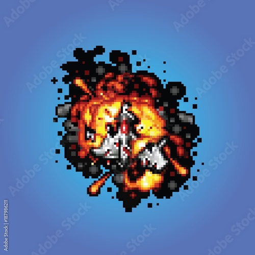space ship on fire pixel art style illustration