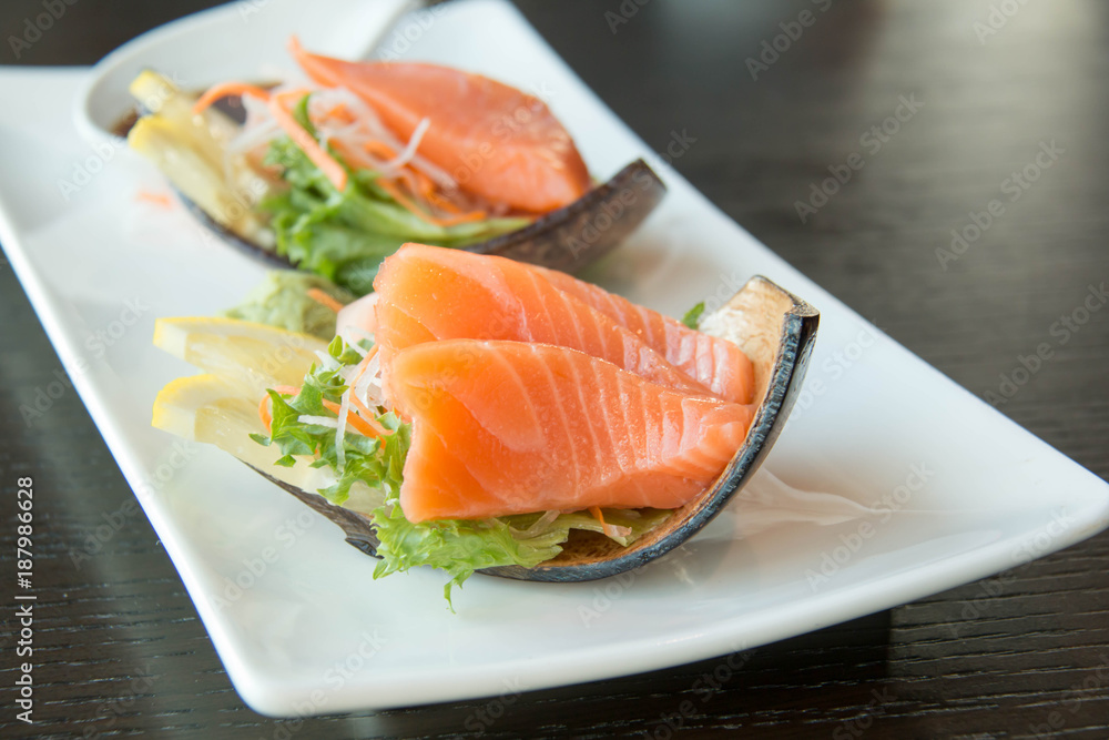 Slice piece salmon and wasabi