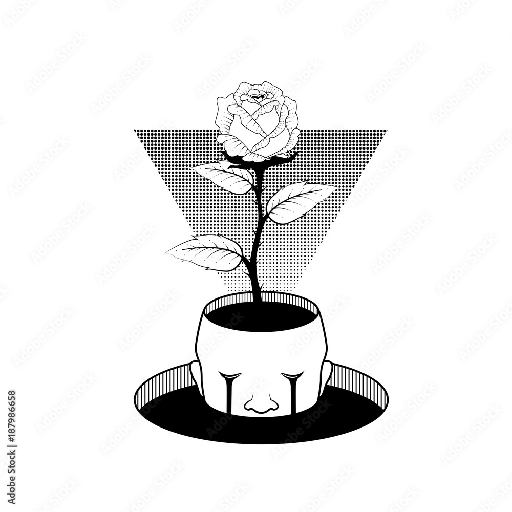 Men face sinking in bloody well. Nourish love with blood. symbol of Painful  torment. love is devil. valentine day. vector illustration drawing hand  work. tattoo design. rose flower. cry from love. Stock