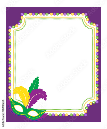Mardi Gras beads colored frame with a mask, isolated on white background. Template poster. Vector illustration