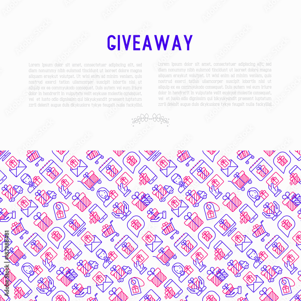 GIveaway or gifts concept with thin line icons set: present in hand, trolley, cart, truck, envelope. Modern vector illustration, web page template.