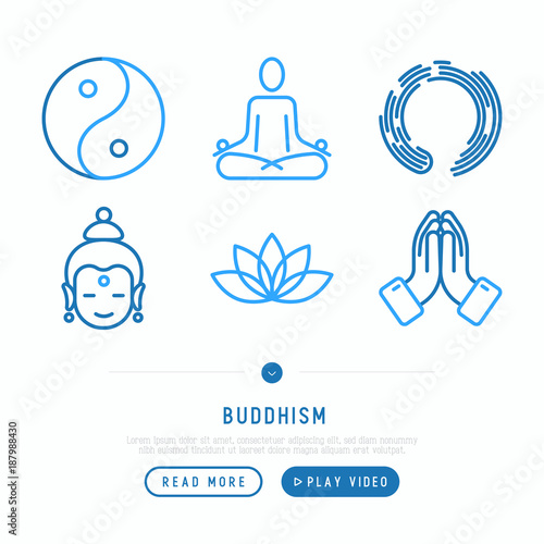 Buddhism thin line icons set: yoga, meditation, Buddha, Yin-Yang. Modern vector illustration.