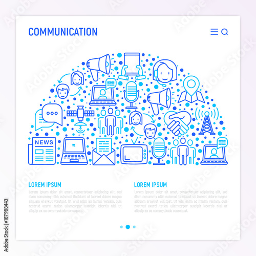 Communication concept in half circle with thin line icons: e-mail, newspaper, letter, chat, tv, support, video call, microphone. Modern vector illustration, web page template.