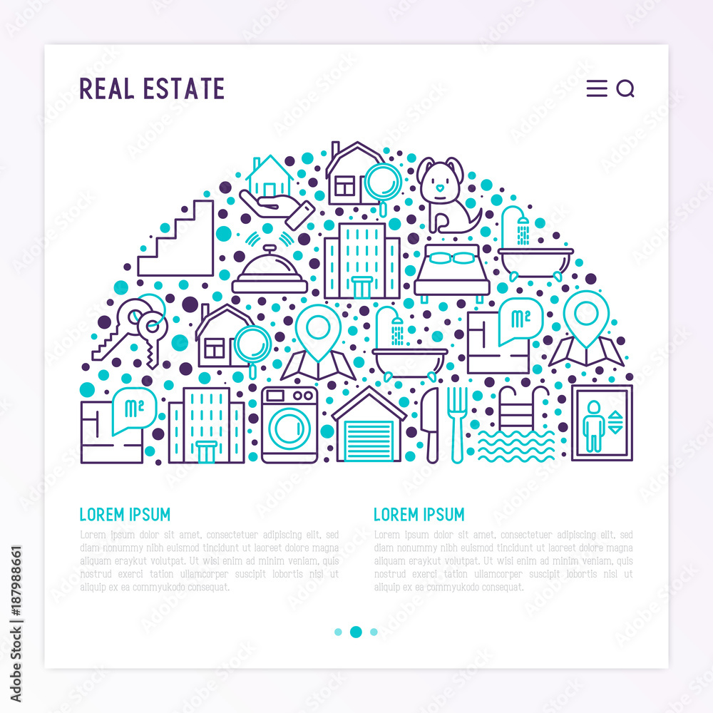 Real estate concept in half circle with thin line icons: apartment house, bedroom, keys, elevator, swimming pool, bathroom, facilities. Modern vector illustration for web page, print media. Real estate concept in half circle with thin line icons: apartment house, bedroom, keys, elevator, swimming pool, bathroom, facilities. Modern vector illustration for web page, print media.