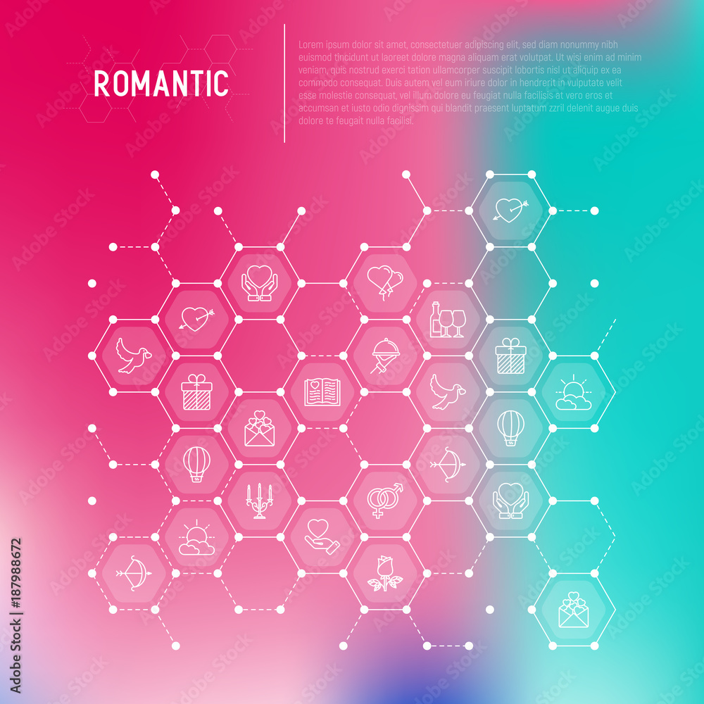 Romantic concept in honeycombs with thin line icons, related to dating, honeymoon, Valentine's day. Modern vector illustration, web page template.