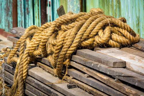 Thick rope to tie ship with a dock