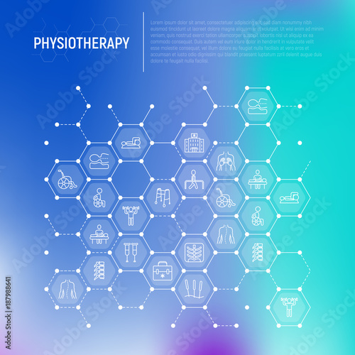 Physiotherapy concept in honeycombs with thin line icons: rehabilitation, physiotherapist, acupuncture, massage, go-carts, vertebrae; x-ray, trauma. Vector illustration, web page template.
