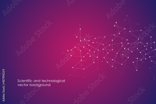 Abstract futuristic background with dots and lines, molecular particles and atoms, polygonal linear digital texture, technological and scientific concept, vector illustration