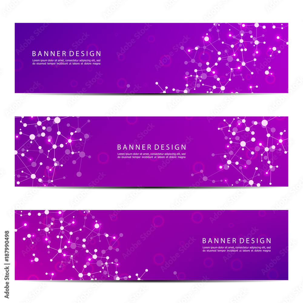 Set of abstract banner design, dna molecule structure background. Geometric graphics and connected lines with dots. Scientific and technological concept, vector illustration. Set of abstract banner design, dna molecule structure background. Geometric graphics and connected lines with dots. Scientific and technological concept, vector illustration.