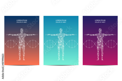Cover or poster design with human body, scientific and technological concept, vector illustration.