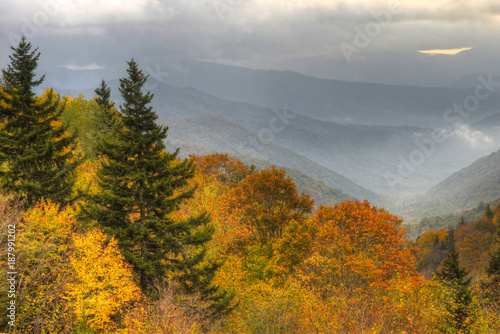 Fall colors surround valleys of the Great Smoky Mountains in fall. © bettys4240