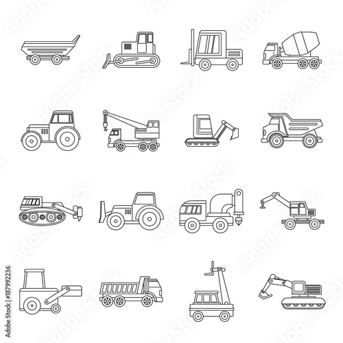 Building vehicles icons set, outline style