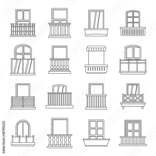Window forms icons set balcony, outline style