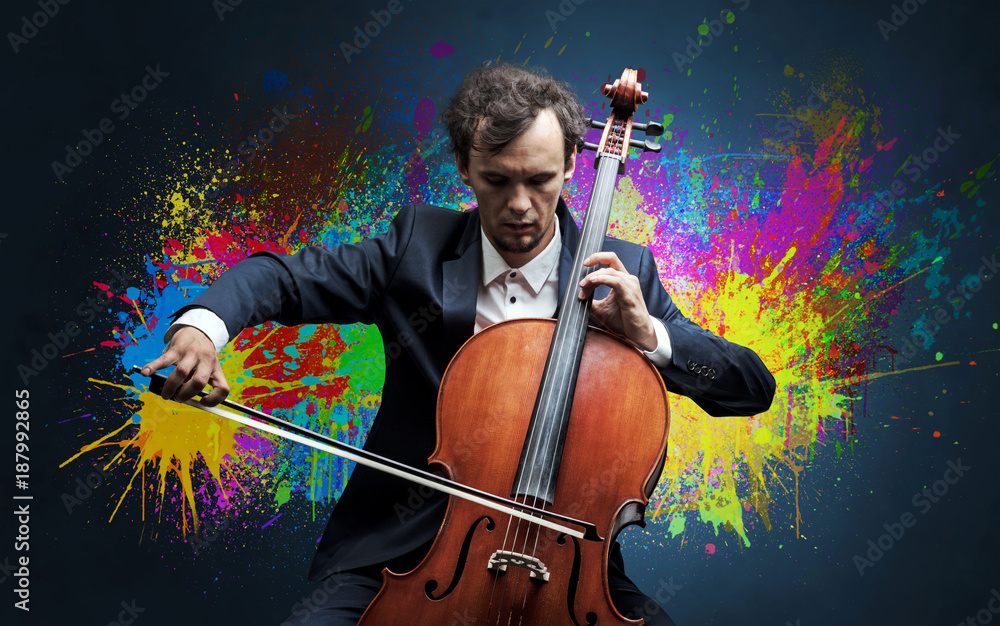 Composer with splotch and his cello