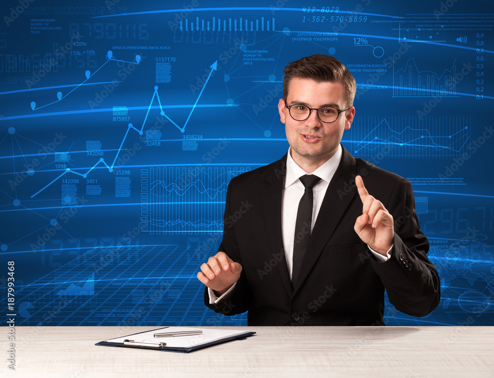 Stock data analyst in studio giving adivce on blue chart background Stock data analyst in studio giving adivce on blue chart background
