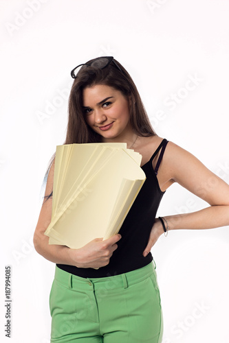 young business woman holding documents, isolated on white background