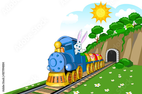 easter steam locomotive wagon tunnel  load eggs beautiful landscape mountains clouds trees bushes mill hare driver picture postcard greeting wallpaper picture 