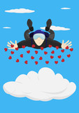 The parachutist flies in the clouds and spreading the paper hearts admits love in the day of the holy valentine.