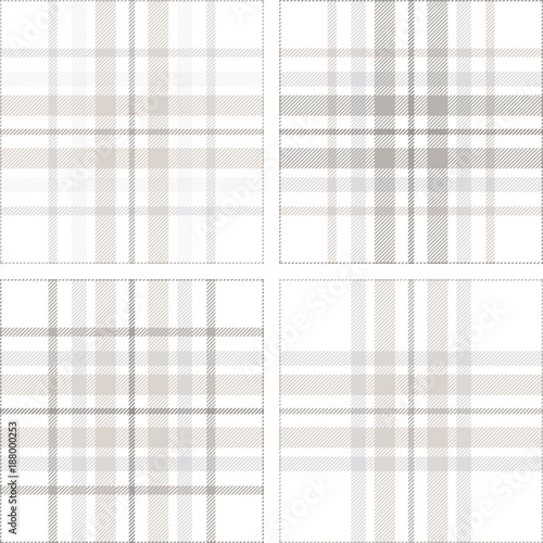 Set of four plaid pattern variations in shades of pastel grey, dusty beige and white. Seamless fabric textures for digital textile printing. 