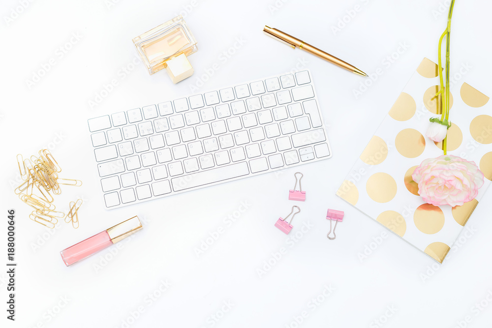 Gold Office and beauty cosmetics. Flat lay Gold Office and beauty cosmetics. Flat lay