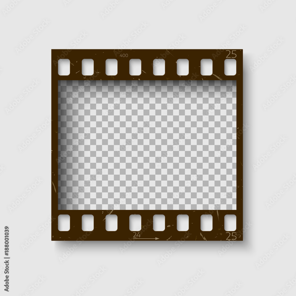 Frame of 35 mm filmstrip. Empty blanck Photo negative film. Camera roll template fot your design. Vector illustration on white background