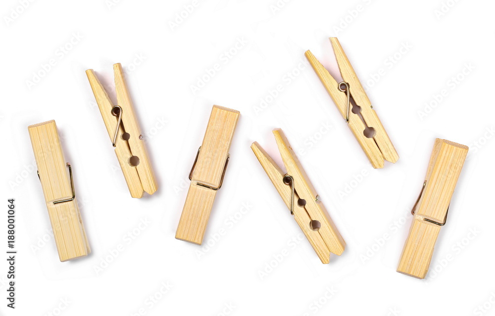 Set clothespins, natural bamboo peg isolated on white, clipping path Set clothespins, natural bamboo peg isolated on white, clipping path