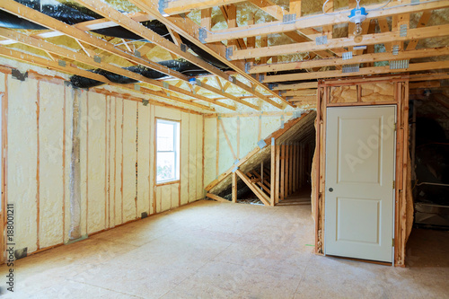 Obraz na plátně Heat isolation in new prefabricated house with mineral wool and wood