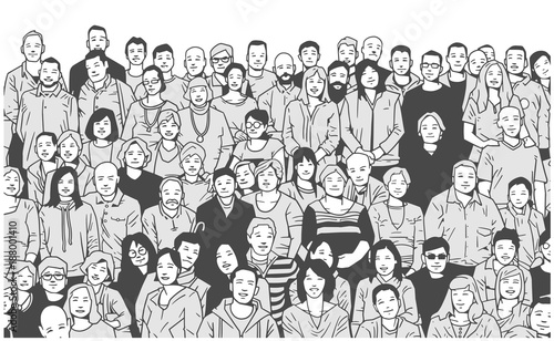 Stylized illustration of large group of people smiling and posing for a photograph in black and white grey scale