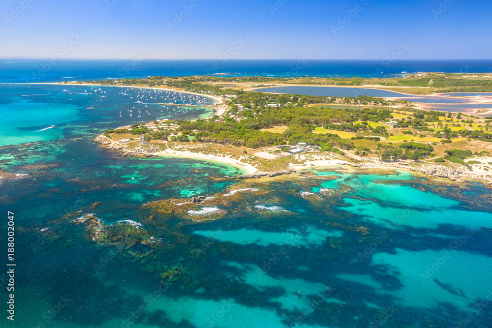 Aerial view of Rottnest Island in Australia, on a sunny day. Scenic flight over famous tourist destination of Western Australia. Rottnest Island is located near Fremantle and Perth. Copy space.
