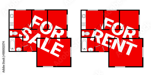 Flat and apartment is for sale / fore rent. Offer to buy or rent place for living and housing. Ownership and lodging of real estate. Vector illustrations of rooms and promotional advertising