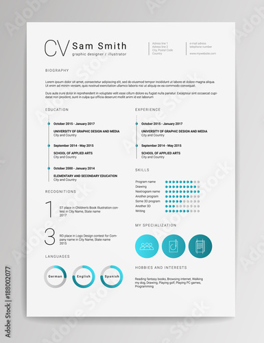 Elegant minimalistic modern vector resume or CV template designed on A4 page, easy to edit