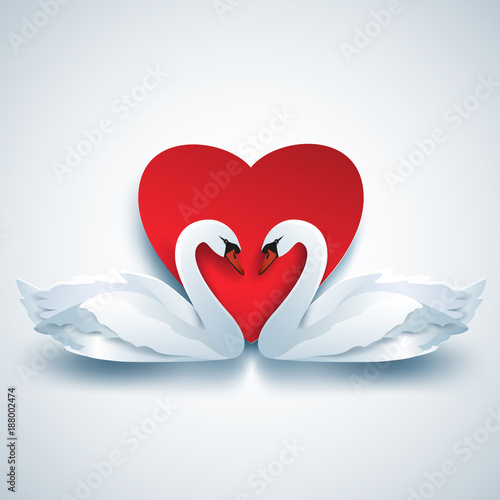 Valentines background with two white 3d swans and heart