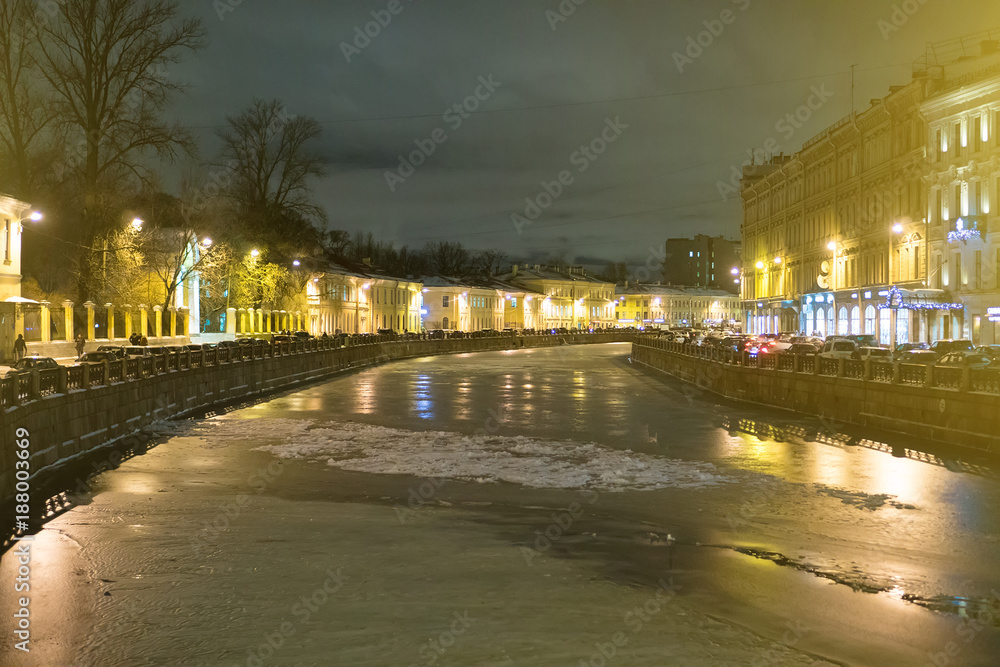 The frozen river in old Saint Petersburg.