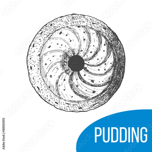 Pudding sketch vector illustration. Engraved hand drawn vintage image. Top view.