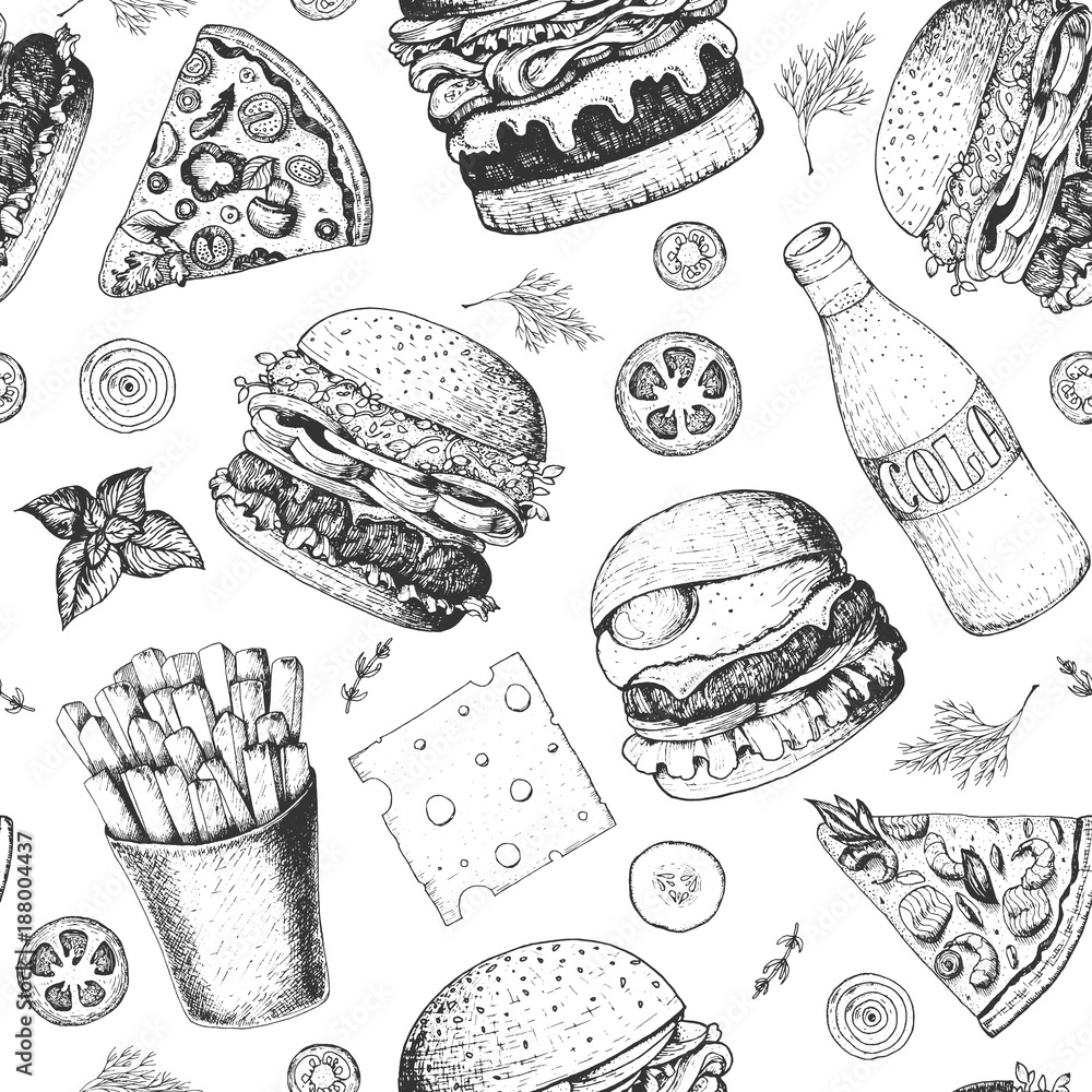 Burgers seamless pattern. Hand drawn vector illustration. Fast food, junk food pattern. American food. Burgers restaurant menu design. Engraved style image. Burgers seamless pattern. Hand drawn vector illustration. Fast food, junk food pattern. American food. Burgers restaurant menu design. Engraved style image.