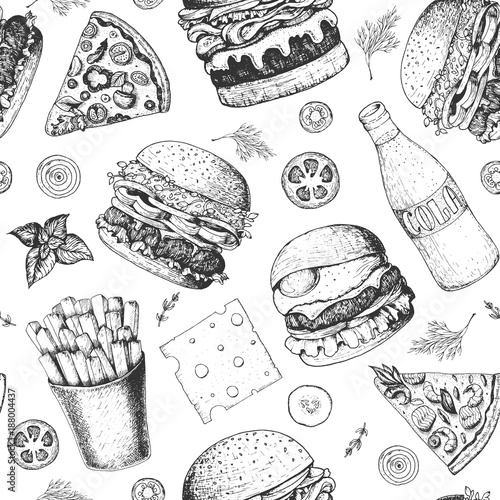 Burgers seamless pattern. Hand drawn vector illustration. Fast food, junk food pattern. American food. Burgers restaurant menu design. Engraved style image.