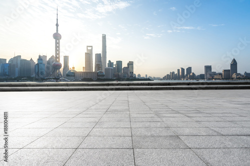 empty marble floor with shanghai cityscape